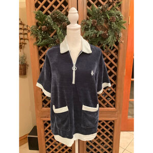 Massive Luxury Velour Chenille Quarter Zip Top Navy Pocket Pullover Size M